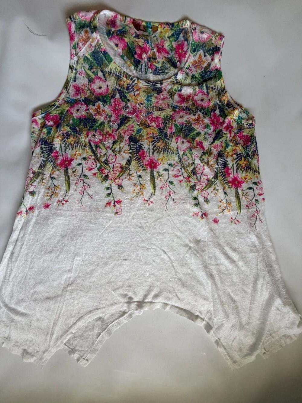 SJS Boho Top XL White Pink Floral Garden Knit Linen Blend Festival Blouse